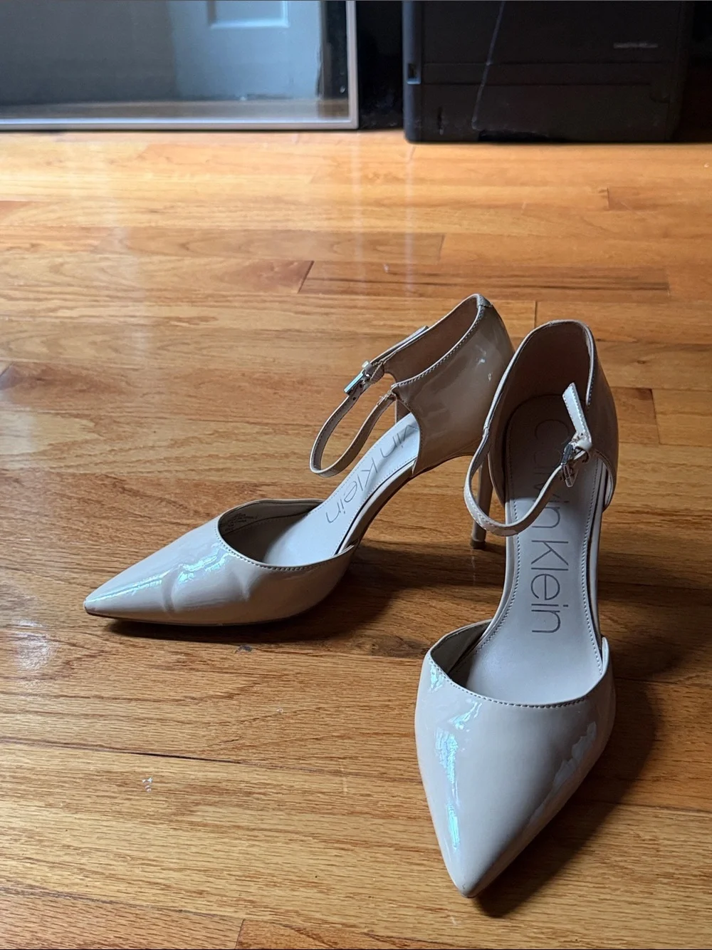 Calvin Klein Nude Patent Pointed-Toe Ankle-Strap Pumps